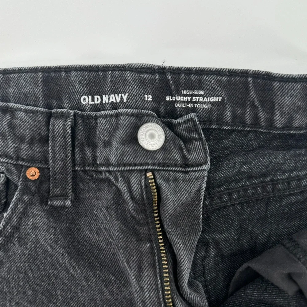Old Navy Slouchy Straight Jeans Girls 12 Black Cotton Distressed Denim High Rise